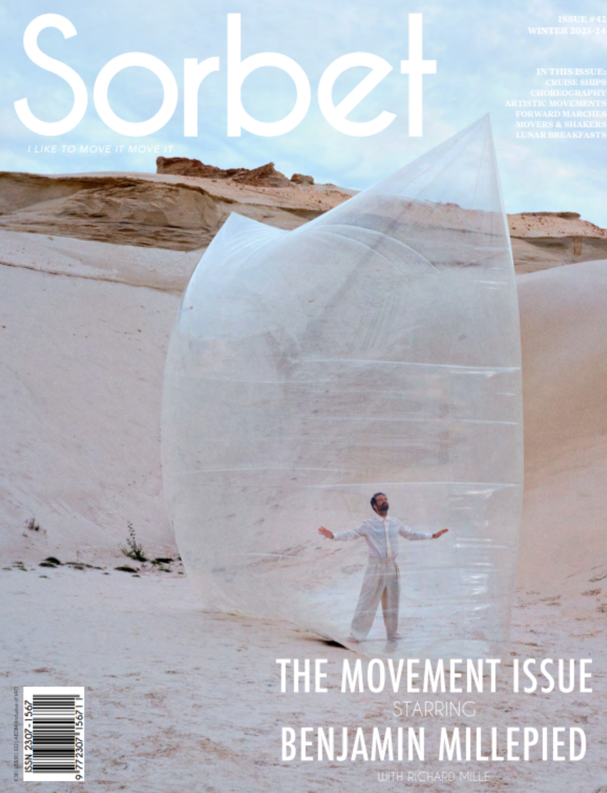 Couverture du Movement Issue de Sorbet Magazine avec Benjamin Millepied dans le coussin gonflable