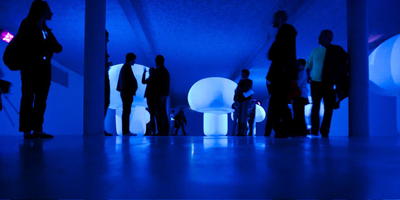 Visiteurs parmi les champignons gonflables lumineux de Nuit magique